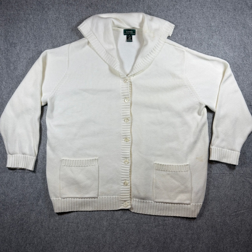 Lauren Ralph Lauren Womens 3X Cardigan Sweater Cream Cotton Shawl Collar Pocket